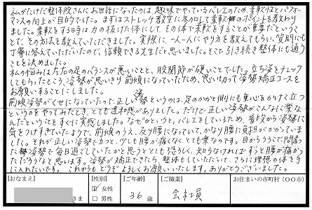 みなさまの声 大阪府にある たけだ整体院姿勢矯正